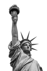 Fototapeta premium Black and white Statue of Liberty isolated on white background, iconic NYC landmark and symbol of freedom