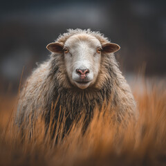 Brown woolly sheep standing in tall dry grass field with a focused calm expression during overcast moody weather in natural outdoor rural landscape setting