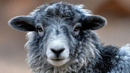Close-up of a young black and white curly-haired sheep with soft fur and expressive eyes looking directly at the camera outdoors in natural lighting with blurred background.