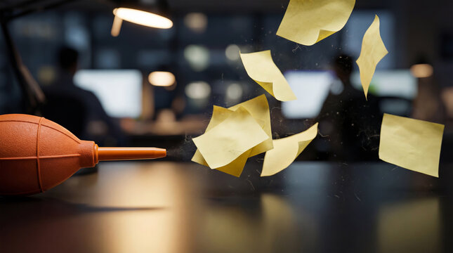An orange rubber blower blows away yellow sticky notes from a dark office desk against evening lights. A metaphor for simplifying work, bringing order, and completing a large complex project