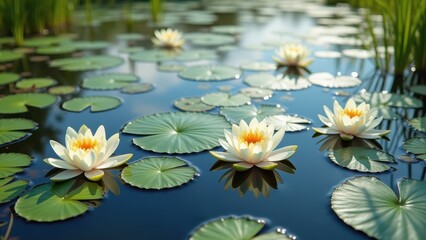 Lotus flowers floating on pond, white water lilies blooming with green lily pads, concept of spa, meditation, gardening