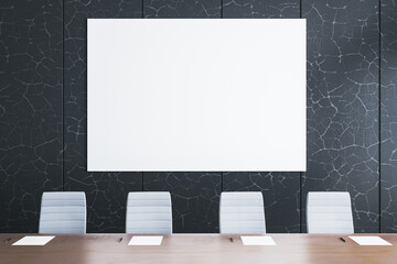 Modern conference room with blank canvas mockup above a wooden desk and five chairs, against a cracked dark wall background for presentations. 3D Rendering