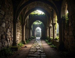 Fototapeta premium A stone arched corridor, sunlight streams through openings, illuminating moss-covered pillars. A misty background suggests an outdoor setting