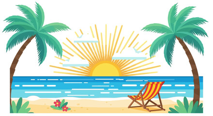Fototapeta premium Tropical beach sunset with palm trees, lounge chair, and ocean waves