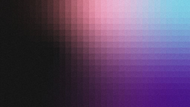 A modern abstract background featuring a pixelated grid pattern, smooth gradient transitions from deep black to soft pink, rich purple, and cool blue, and a subtle grainy noise texture. 