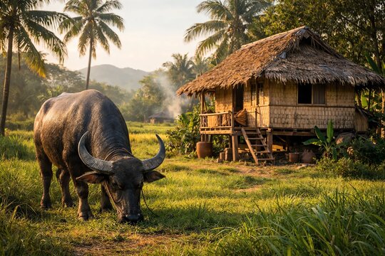 Carabao Grazing Near Nipa Hut in Filipino Village, Tropical Rural Setting