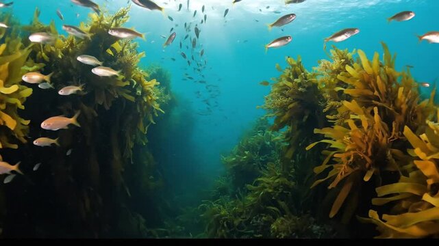 Underwater kelp forest with schooling fish in clear blue ocean water, sun rays filtering through.