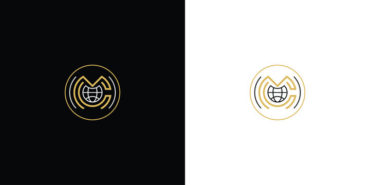 Elegant Gold Circle Logo with Globe and Letters MC Design.