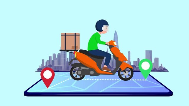 4K animation of Motorcycle Delivery Service, Male Courier Riding Scooter with Package Box. Equipped with GPS and city access points. with alpha channel background