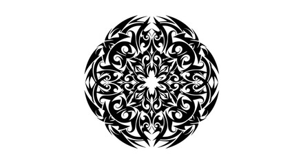 Intricate Black Tribal Mandala Design on White Background.
