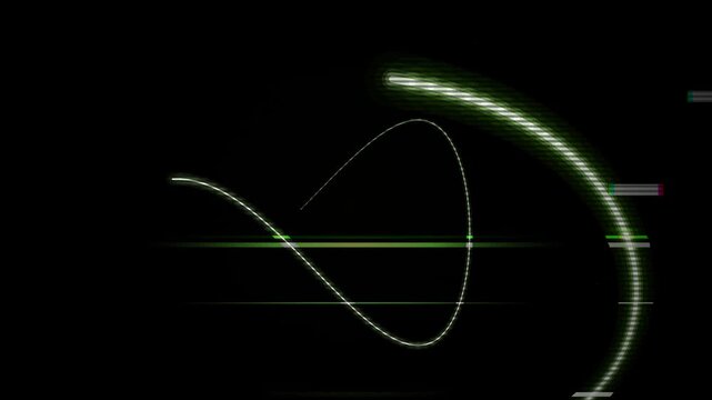 Glowing green neon lines and curves on a dark background with horizontal lines and a white space at the bottom.