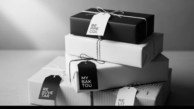 Monochromatic Stack of Elegantly Wrapped Gift Boxes with Decorative Tags, Perfect for Special Occasions and Celebrations.