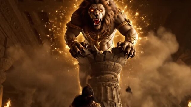 Ancient Warrior Unleashes Mythical Beast from Stone Pillar in Mystical Temple.