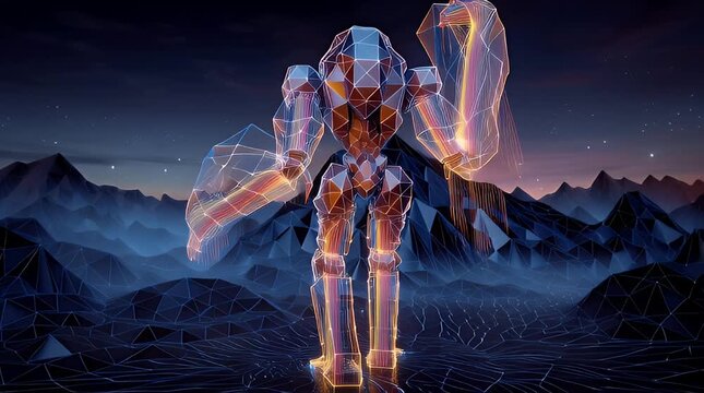 Giant Low Poly Wireframe Creature Walking Through Digital Mountain Landscape
