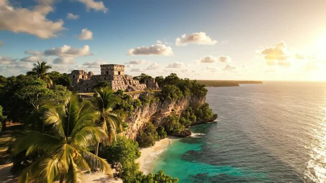 Scenic aerial view of ancient Mayan ruins perched on a cliff overlooking the turquoise Caribbean Sea at sunrise