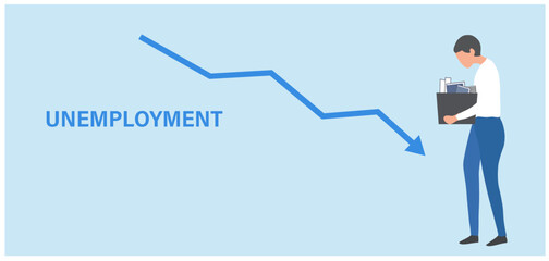 Dismissed depressed businessman holding a box. He was fired from job. Unemployment, economic crisis, economic downturn, jobless, lay off vector illustration
