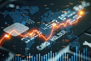 Global financial technology concept with upward growth chart, credit card chip, and world map overlay on modern digital background design. 3D Rendering