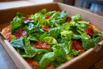 pizza box filled with salad 