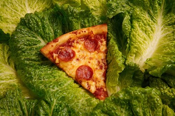 fresh green salad with pizza slice