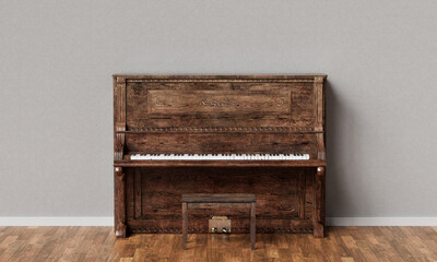 빈티지 나무 업라이트 피아노와 의자 Vintage Wooden Upright Piano with Stool