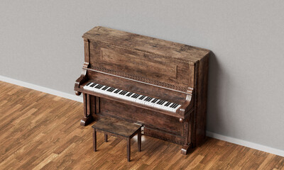 빈티지 나무 업라이트 피아노와 의자 Vintage Wooden Upright Piano with Stool