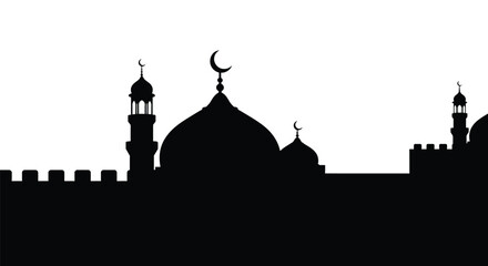 Mosque Silhouette with Crescent Moon Domes and Minarets at Night © mst