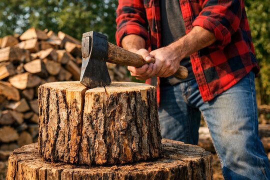 Strong hands using axe to split firewood on tree stump outdoors