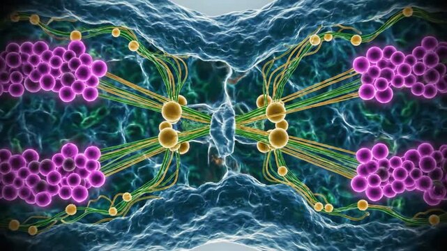 Biological cell division animation showing mitosis, splitting into two daughter cells during reproduction process
