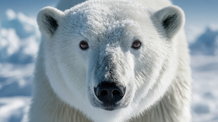 Polar bear close-up portrait with detailed white fur and intense dark eyes in snowy icy arctic environment with soft natural light and cold background atmosphere