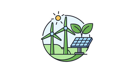 Obraz premium Illustration of wind turbines, solar panel and green leaves in a circle with sun, representing renewable energy and sustainability on a white background.