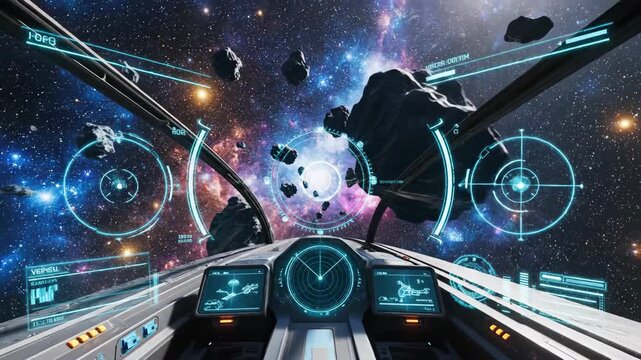 A VR interface showing navigation in deep space environment