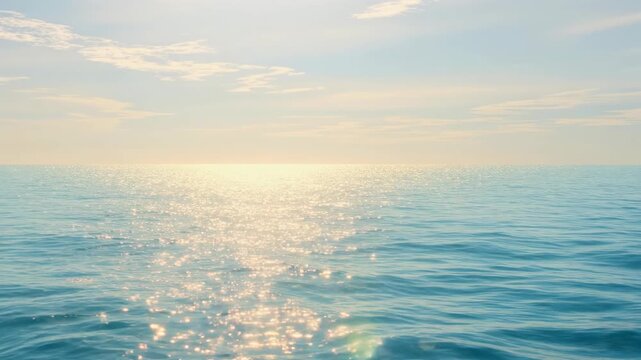 Calm ocean water with sparkling sunlight under a clear sky at sunset or sunrise