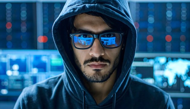 Hombre con capucha y gafas frente a servidores representando ciberseguridad y hacking &eacute;tico