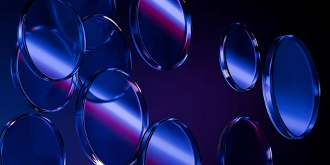 Cyber lenses made of transparent glass and liquid acrylic purple blue glow on black backdrop cinematic tech background design cover art visuals 3d rendering © IM_VISUALS