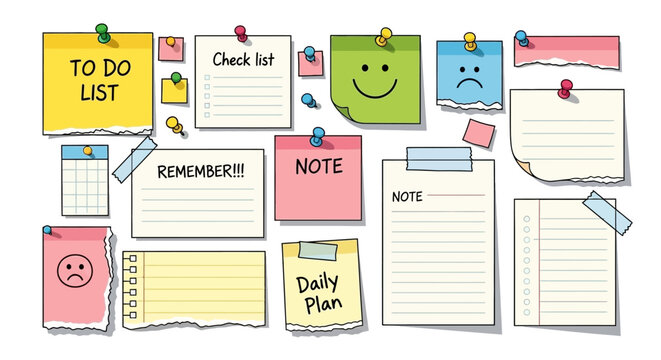 Collection of colorful sticky notes and paper scraps with handwritten notes and drawings