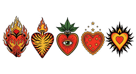 Set of Stylized Sacred Hearts with Flames, Eye, and Stars in Tattoo Style © ayumi