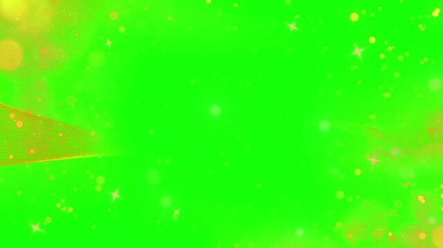 Abstract golden particle waves and shimmering stars overlay a vibrant green screen background ideal for chroma key compositing effects.