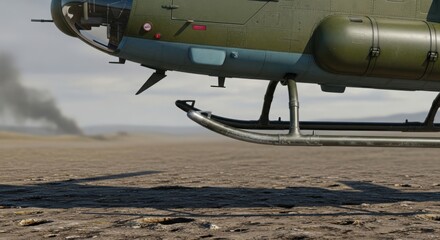 Obraz premium Military helicopter hovering over a desert landscape with smoke in the background. Combat aircraft in an arid environment