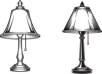 Hand Drawn Table Lamp Sketch Doodle. Black and White Outline Illustration of Desk Light Fixture. Antique table lamp illustrated in black and white with intricate details.
