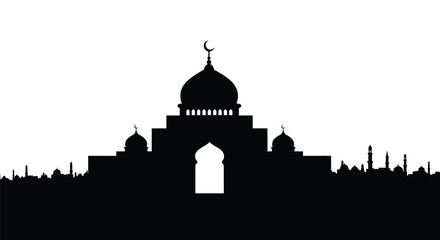 Fototapeta premium Mosque Silhouette with Crescent Moon Symbol on White Background