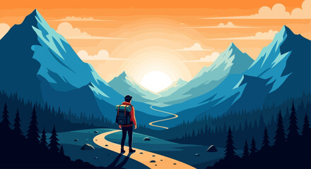 A Lone Traveler Walking Toward the Sunset in the Mountains &ndash; Inspirational Adventure Illustration