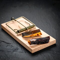 Wooden mousetrap with bait set on dark, textured background