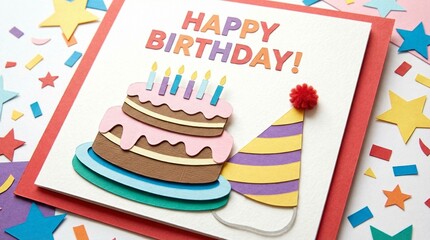 Festive Birthday Card: A colorful birthday card features a layered cake and party hat amid scattered stars, capturing the joy and celebration of a special day.