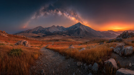 Starry night sky with Milky Way galaxy arching over rugged mountain range and rocky dirt path winding through vibrant autumn grassland during sunset