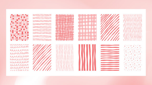 hand drawn seamless valentine patterns in pink and red with stripes, hearts, swirls, and grids for backgrounds, wrapping paper, and card design