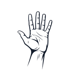 Fototapeta premium Stylized Art Open Hand Raised Up Showing Five Fingers, Vector Illustration