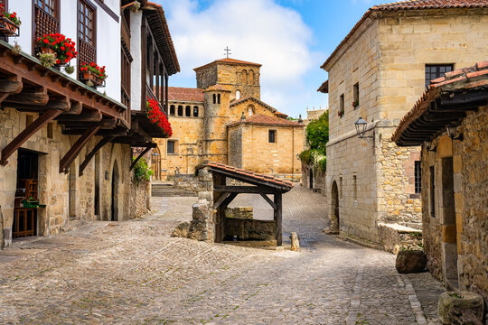 Main view of the beautiful village of Santillana del Mar with the collegiate church of Santa Juliana in the background, Cantabria
