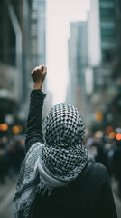 Person wearing traditional patterned headscarf raising fist in urban street protest during daytime with blurred tall buildings and crowd in background expressing solidarity and resistance