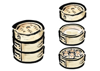 蒸篭の分解できる和風筆イラスト素材