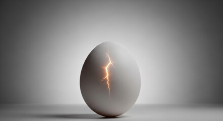Egg with crack and glowing light on a minimalist grey background  